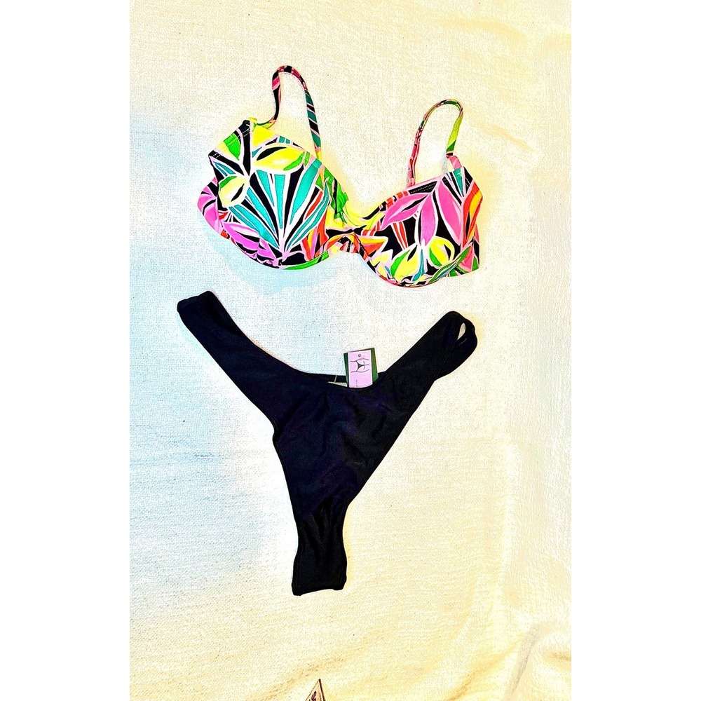2 piece Swimsuit- Underwire Bralette  & Low rise High Leg Thong New